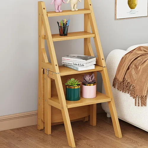 Vista 6 de Silla plegable de madera para biblioteca, 2 en 1, taburete ligero portátil multifuncional, taburete de 4 escalones de doble propósito, soporte