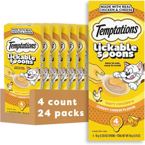 Vista 14 de Temptations Cucharas para lamer, golosinas suaves para gatos, golosinas húmedas para gatos adultos, sabroso sabor a pollo y queso cursi, 4 cucharas