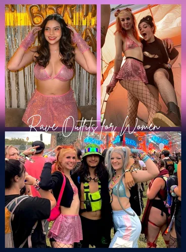 Vista 3 de EVELUST Trajes de rave para mujer, disfraz sexy de hada, festival, lentejuelas, parte superior metálica, falda de malla, brazo exótico, conjunto