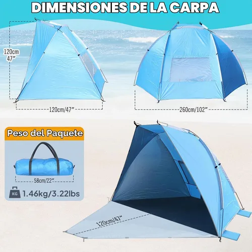 Vista 3 de Chihee Tienda de campaña de playa para 1/2/3 personas, refugio solar portátil para acampar con suelo extendido, toldo recubierto de plata
