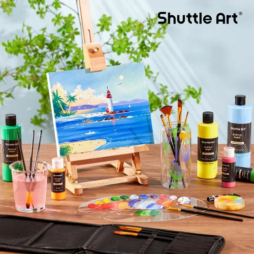 Vista 8 de Shuttle Art Juego de 12 pinceles de pintura con estuche, formas y tamaños surtidos para acrílico, acuarela, óleo y gouache, pinceles de artista