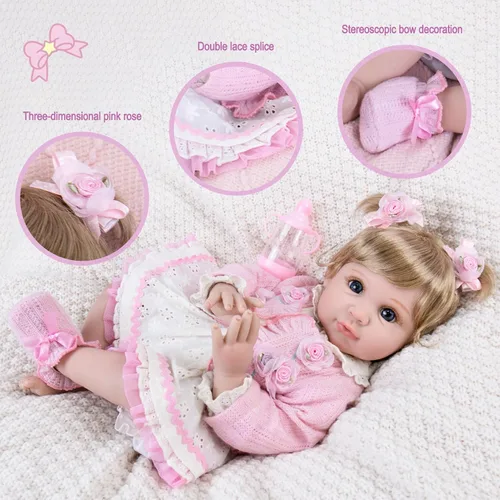 Vista 6 de Aori Muñecas Reborn de 22 pulgadas – Muñeca de bebé realista para niños de 3 años en adelante – Bebé recién nacido realista con traje rosa – Cuerpo