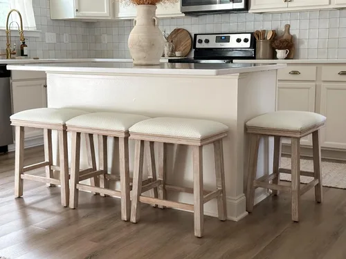 Vista 15 de Taburete de bar gris de madera maciza para encimera de cocina, taburete de bar con asiento de cuero sintético, taburete tapizado para isla de 34 a
