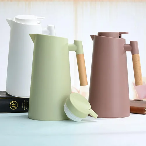 Vista 4 de Jarra térmica de doble pared de 1 litro, olla térmica al vacío con mango de madera, hervidor de agua, frasco aislado, jarra de té que mantiene