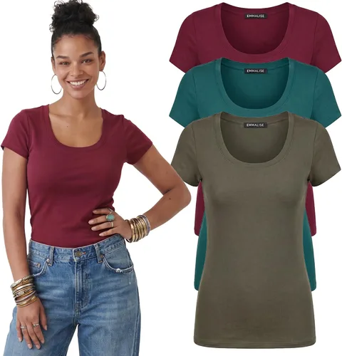Vista 56 de Emmalise - Camiseta de manga corta para mujer, cuello redondo, estilo básico, pack de valor, tallas junior y grandes