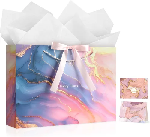 Vista 16 de JMANNI Bolsas de regalo, 3 piezas de tamaño mediano con cinta de lazo, bolsa de regalo de papel portátil, patrón de mármol, para cualquier ocasión