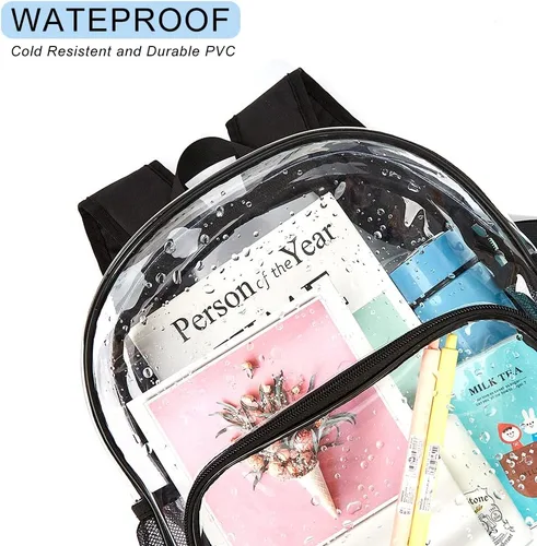 Vista 2 de Mini mochila transparente aprobada para estadios, mochila transparente resistente para conciertos, viajes de seguridad y estadio, Negro Pocket, M