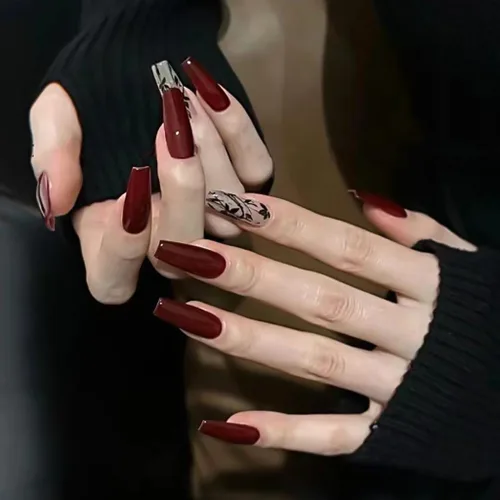 Vista 2 de RikView Uñas acrílicas de presión larga, uñas postizas de ataúd rojo con diseño de otoño, cubierta completa, 24 unidades/juego