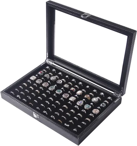 Vista 6 de Pengup Organizador de joyas con tapa de vidrio (fibra de carbono negra, anillos)