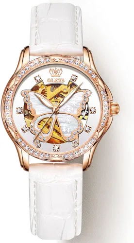 Vista 8 de OLEVS Reloj mecánico automático para mujer, correa de cuero, cuerda automática, reloj de pulsera para mujer, esfera de corazón de diamante