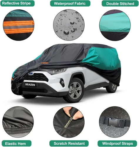 Vista 4 de SEAZEN Funda impermeable para automóvil SUV para todo tipo de clima, cubierta de automóvil para exteriores, protección contra el viento y la nieve