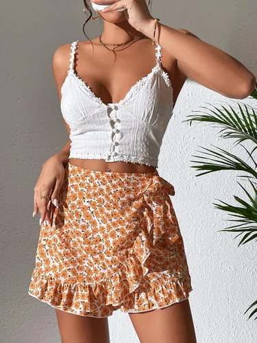 Vista 5 de MakeMeChic Falda pantalón con estampado floral bohemio y cintura elástica con volantes para mujer