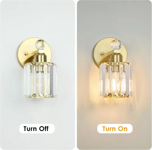 Vista 4 de Lámparas de baño doradas de 1 luz, modernas luces de tocador de baño con pantalla de cristal transparente, luces de montaje en pared de baño