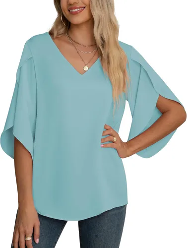 Vista 23 de Blusas de gasa con mangas 3/4 arrugadas de otoño para mujer de Jouica 01amy Verde