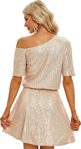 Vista 4 de Minivestido de lentejuelas con un hombro descubierto y manga corta con lazo brillante para mujer, adecuado para cócteles y fiestas de vacaciones