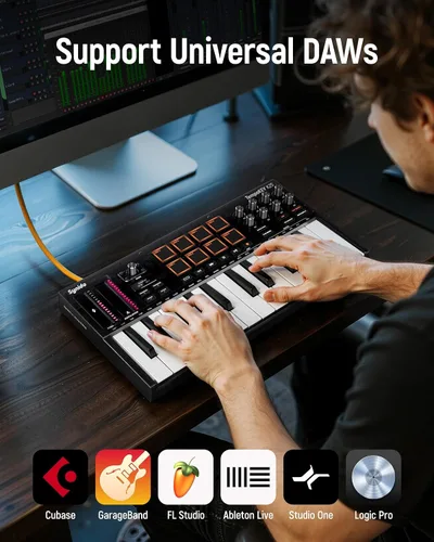 Vista 7 de Synido 25 Key USB MIDI Keyboard Controller with 8 Drum Pads, Professional Mini Midi Keyboard with OLED Screen, Beat Maker Machine for Music Negro