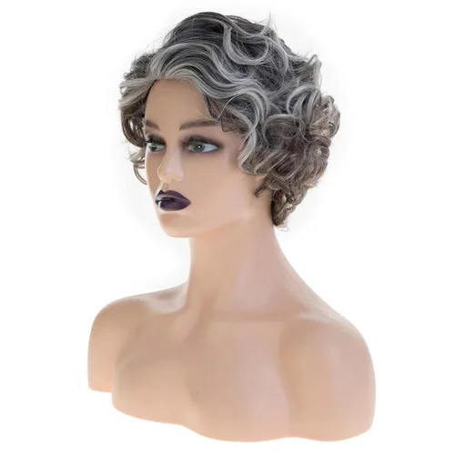 Vista 3 de Pelucas cortas rizadas y esponjosas para mujer, peluca sintética resistente al calor para Halloween, cosplay, peluca de pelo Gris mezclado