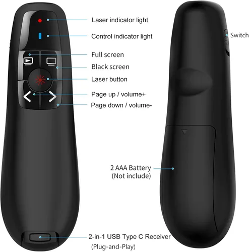 Vista 6 de Presentador inalámbrico de presentación remota Clicker: USB tipo C PowerPoint Clicker con puntero rojo Control PPT de largo alcance - Avanzador