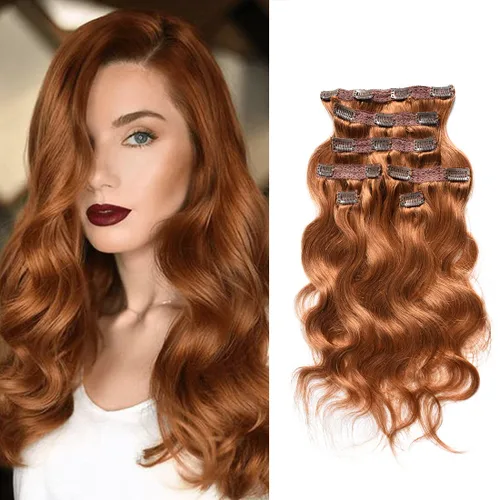 Vista 8 de viviaBella Extensiones de cabello humano ondulado con clip, color rojo cobre, 14 pulgadas, cabello virgen brasileño de doble trama, 7 unidades por