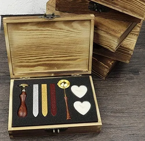 Vista 3 de MNYR Sello de cera de libélula, palitos de cera de sellado, cuchara derretida, vela, caja de regalo de madera, tarjeta de invitación de boda