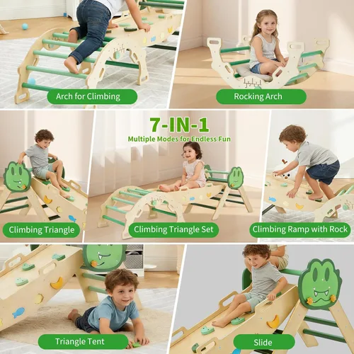Vista 3 de Takywep Pikler - Juego de triángulos plegables 7 en 1 con arco y rampa y escalera, patio de juegos interior, juego de escalada montessor de madera