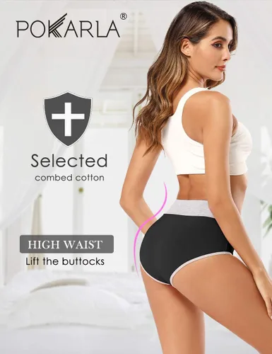 Vista 2 de POKARLA - Ropa interior de algodón y con cintura alta para mujer, es suave, es transpirable, son calzones elásticos, con talla regular