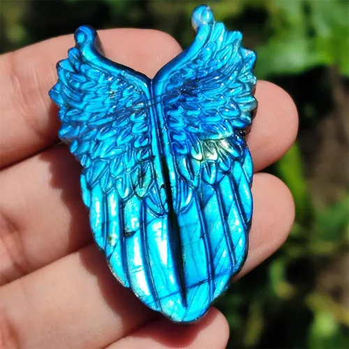 Vista 2 de TEAMWILL Figuras de piedras preciosas de cristal de labradorita azul natural, alas de ángel, curación, reiki, energía, meditación, baño, sala