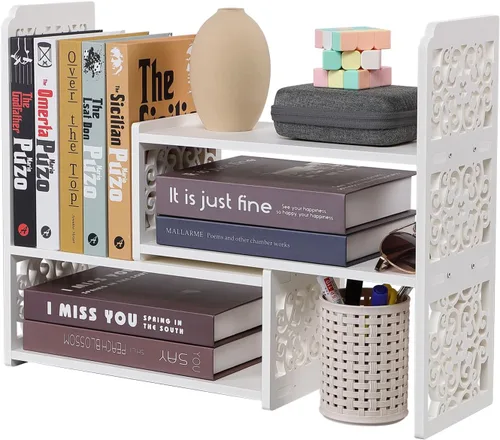 Vista 8 de EARTHSON Estante organizador de escritorio, estantería expandible para escritorio, estantería de escritorio pequeña, mini estantes ajustables