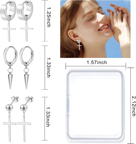 Vista 3 de ONESING Juego de 15 pares de aretes para hombre, aretes negros de acero inoxidable, aretes de cruz para hombres y mujeres, hipoalergénicos