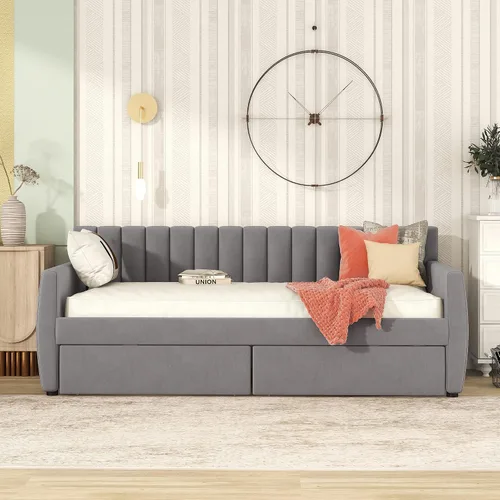 Vista 3 de SOFTSEA Sofá cama doble tapizado con cajones, sofá cama de terciopelo con listones de madera, soporte para dormitorio, sala de estar, no necesita