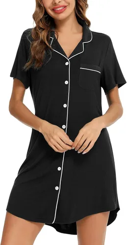 Vista 4 de Pjmlifecoco Camisón para mujer, con botones, manga cortalarga, suave modal, ropa de dormir S-XXL