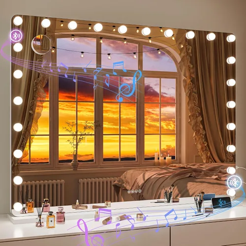 Vista 11 de Hasipu Espejo de maquillaje LED con altavoz Bluetooth, espejo de maquillaje de 31 x 22 pulgadas con luces y aumento, espejo Hollywood con 3 modos