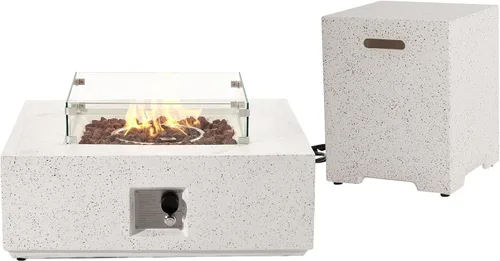 Vista 17 de SUNBURY Mesa de fuego de propano para exteriores de 35 pulgadas, mesa de fuego gris para patio de 50,000 BTU, mesa de fuego cuadrada de gas