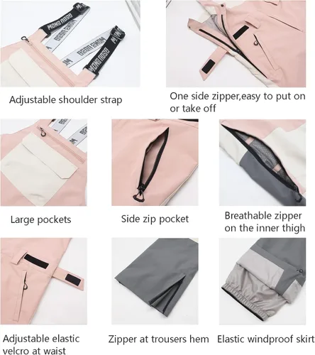 Vista 5 de GSOU SNOW Pantalones de esquí para mujer, overol con peto de nieve, impermeable, resistente al viento, aislado, correa ajustable, cálido