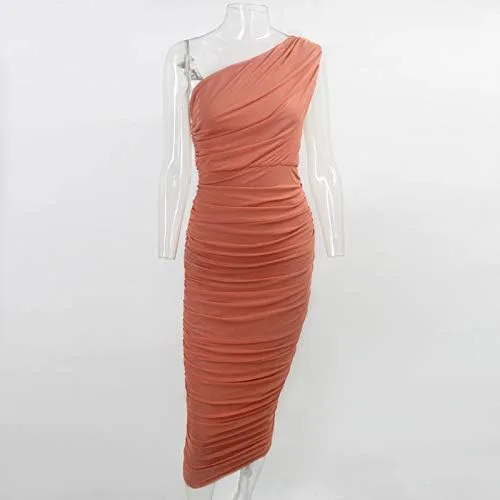 Vista 5 de Pofash Vestido para mujer sexy, entallado y con un hombro descubierto, longitud por debajo de la rodilla, de tul fruncido, para fiesta y cóctel