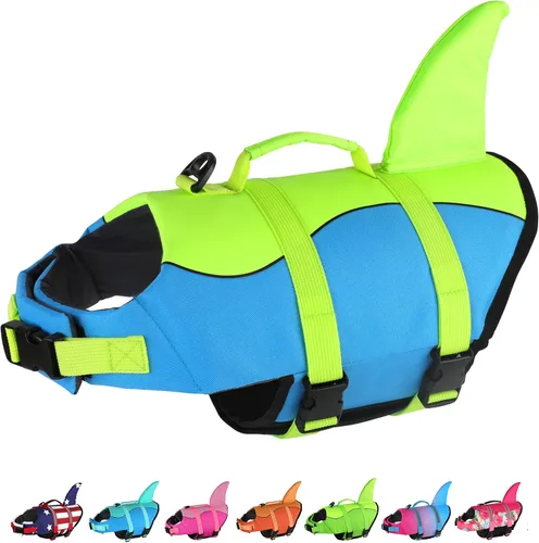 Vista 17 de Dogcheer - Chaleco salvavidas para perros, lindo diseño de tiburón para natación y navegación con flotabilidad superior y asa de rescate, chaleco