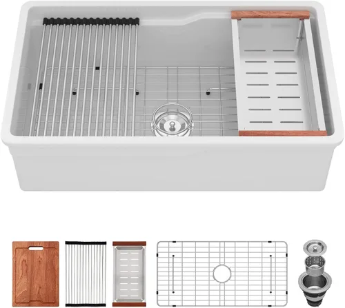 Vista 11 de Sarlai Fregadero de cocina blanco de 27 pulgadas de 27 x 19 pulgadas, fregadero de cocina blanco de doble caída y montaje inferior, de arcilla