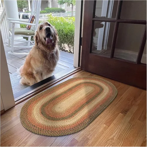Vista 19 de Homespice Apple Pie - Alfombra ovalada roja de 2 x 3 pies, alfombra de cocina trenzada para decoración primitiva y rústica, reversible, yute sin