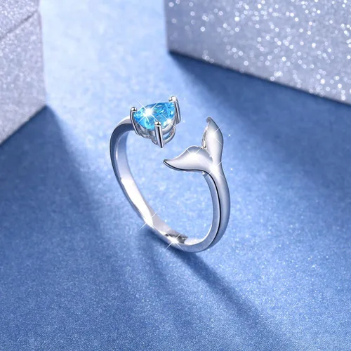 Vista 4 de S925 Sterling Sliver Dolphin Mermaid Tail Ring Love Heart Blue Cubic Zirconia Open Ring,7#