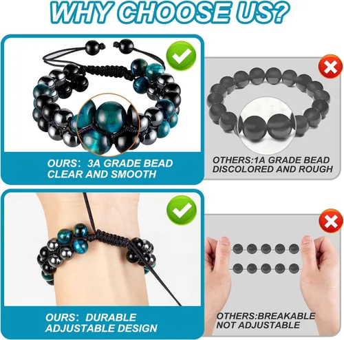 Vista 4 de MIDON - Pulsera de ojo de tigre, pulsera de triple protección para hombres y mujeres, hecha a mano, cuentas de ojo de tigre, hematita y obsidiana