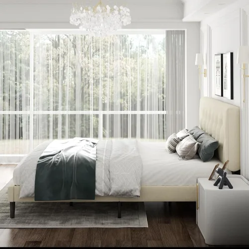 Vista 9 de CXVX Marco de cama de tamaño matrimonial con estructura de plataforma y cabecera tapizada, diseño con botones, listones de madera resistentes,