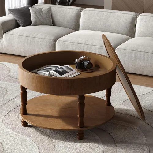 Vista 41 de Mesa de centro redonda de madera de 31.49 pulgadas con almacenamiento, mesa de centro circular acanalada de 2 niveles con tapa y estante para sala