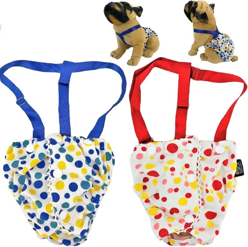 Vista 7 de Pañal para perro hembra con tirantes de algodón, reutilizable, lavable, para razas de perros pequeñas (azul, pequeño: cintura de 10 a 13 pulgadas)