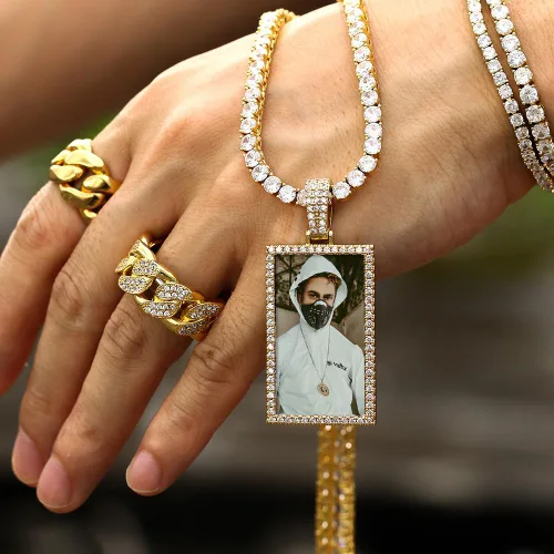 Vista 4 de TUHE Custom Picture Necklaces For Men Women 18K Gold Plated Personalized Photo Pendant Customized Diamond Square Engraved Silver Memorial Rip Chain