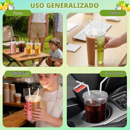 Vista 7 de 20 vasos de plástico desechables divididos para bebidas, forma redonda, doble espesa, taza para compartir en pareja, con tapas, para té con leche