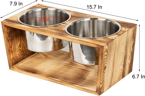 Vista 2 de Cuencos elevados de madera rústica para perros y gatos con dos cuencos de acero inoxidable (marrón)