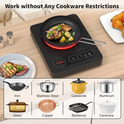 Vista 6 de VBGK Cocina eléctrica de un solo quemador, estufa eléctrica de 110 V 1800 W con control táctil LED, 10 niveles de potencia, temporizador de 4 horas