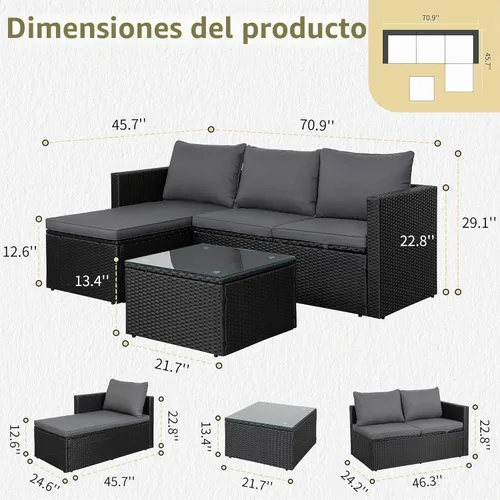 Vista 2 de JAMFLY Juego de sofá seccional de 3 piezas para exteriores con mesa de centro de cristal, muebles de mimbre de polietileno para todo tipo de clima
