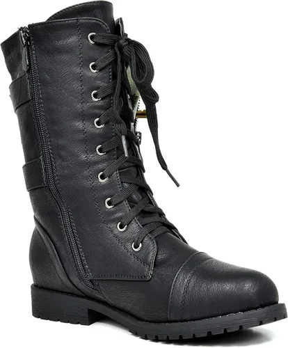 Vista 9 de DREAM PAIRS - Borceguí estilo militar para mujer con cordones, a media pantorrilla, para invierno