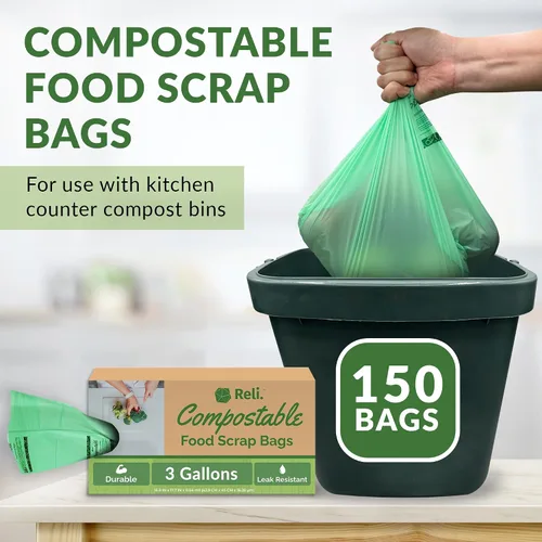 Vista 2 de Reli. Bolsas de compost de 3 galones (150 unidades) Certificado ASTM D6400 Bolsas de basura compostables ecológicas Forros de desechos
